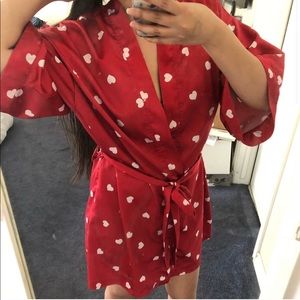 Forever 21 Satin Red Robe with White Hearts